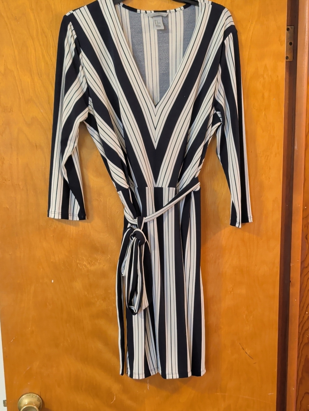 H&M Striped V-Neck Tie-Waist Dress in Navy and White